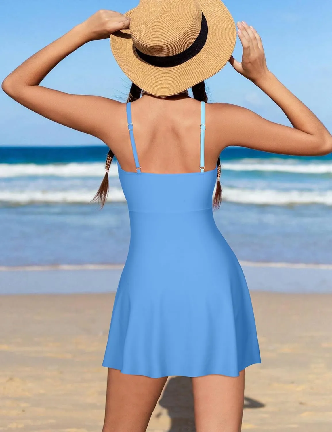 Girls Swimsuits One Piece Swimsuit Color Block Swim Dress V Neck Bathing Suit Quick Dry Swimwear 7-14Y