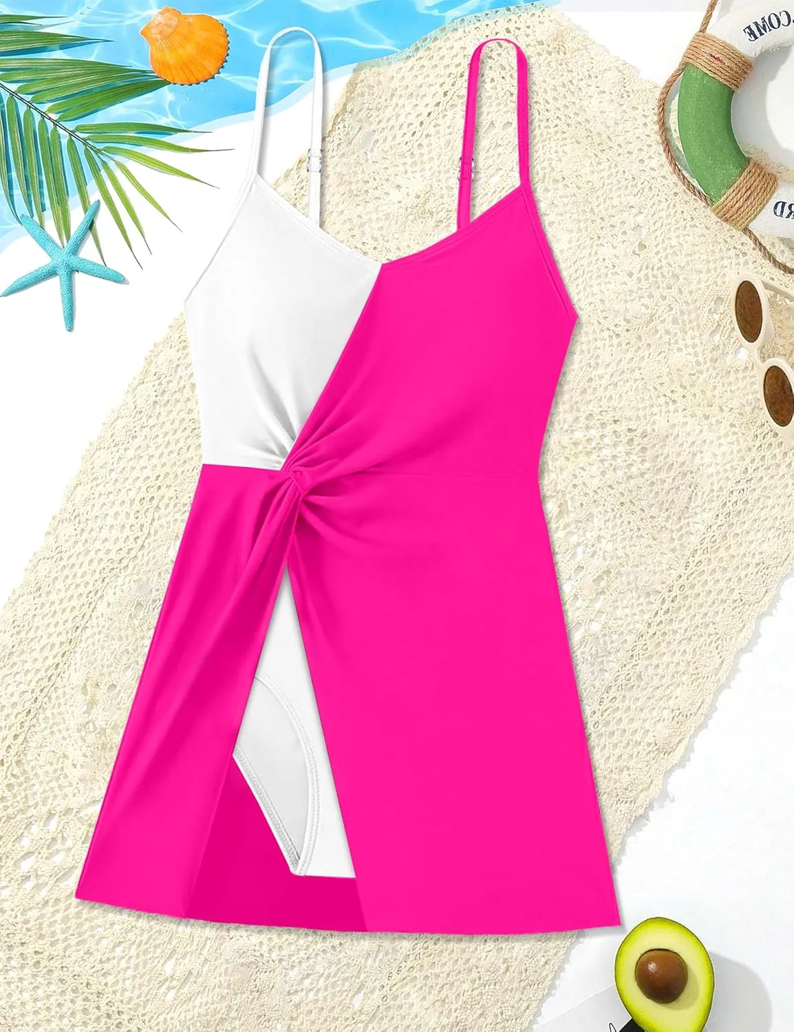 Girls Swimsuits One Piece Swimsuit Color Block Swim Dress V Neck Bathing Suit Quick Dry Swimwear 7-14Y