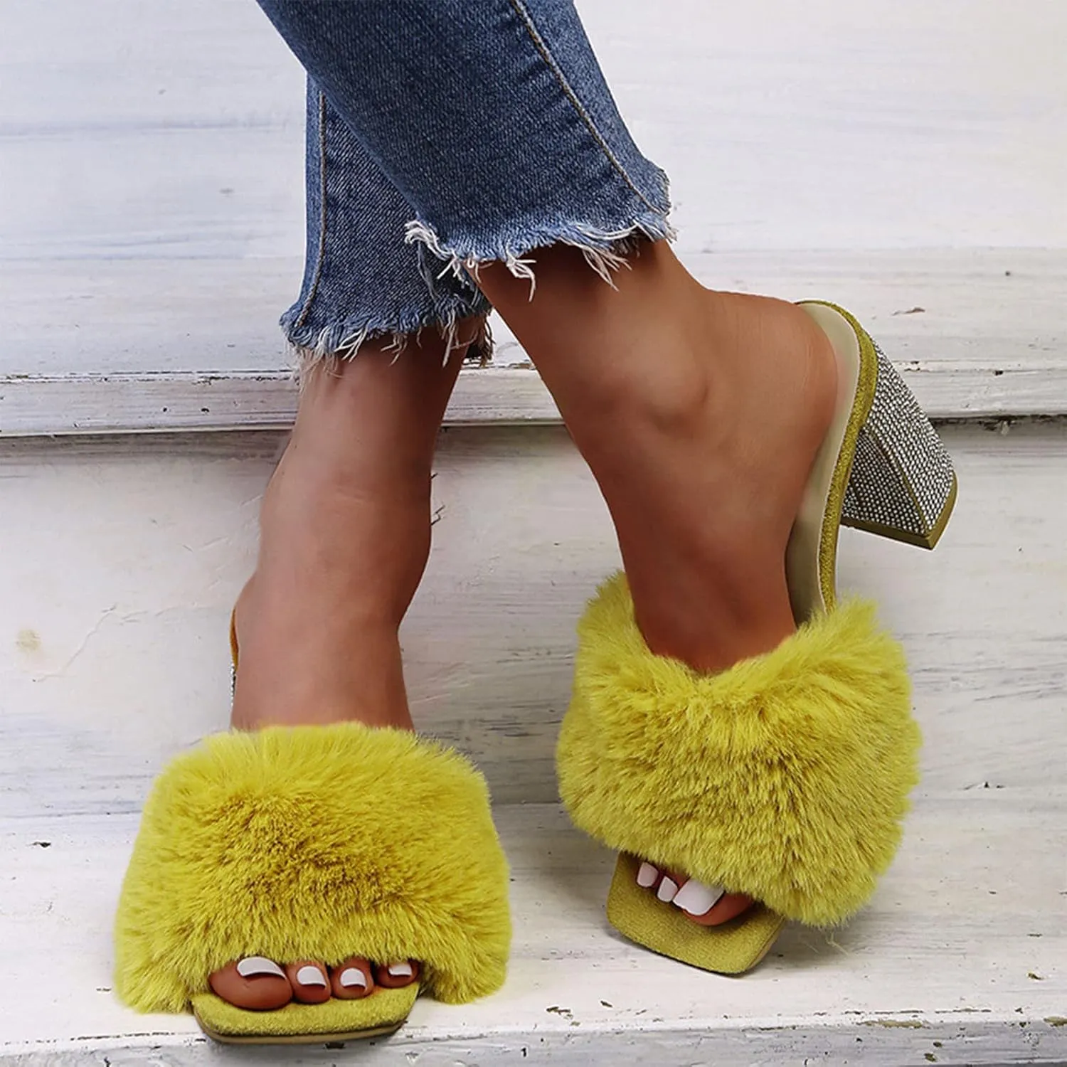 Heels for Women Flip Flops Open Square Toe Rhinestones Heeled Sandals Feather Comfort Shoes for Party Casual Slides