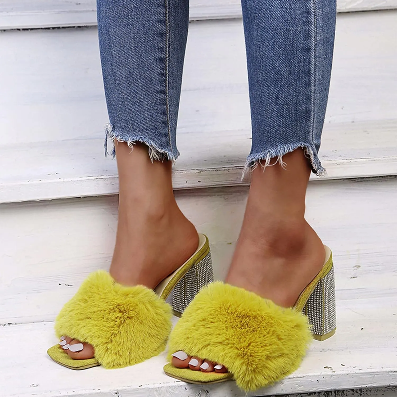 Heels for Women Flip Flops Open Square Toe Rhinestones Heeled Sandals Feather Comfort Shoes for Party Casual Slides
