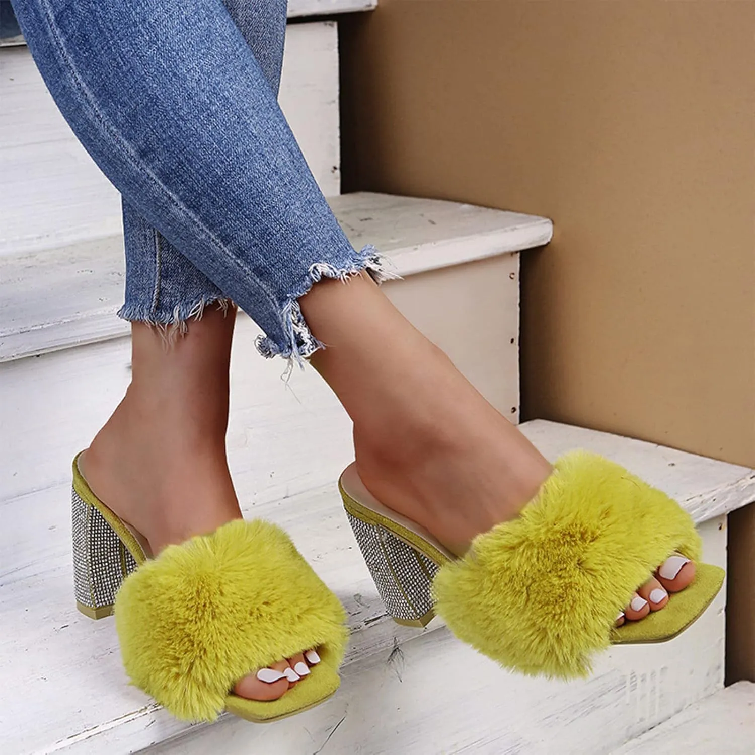 Heels for Women Flip Flops Open Square Toe Rhinestones Heeled Sandals Feather Comfort Shoes for Party Casual Slides