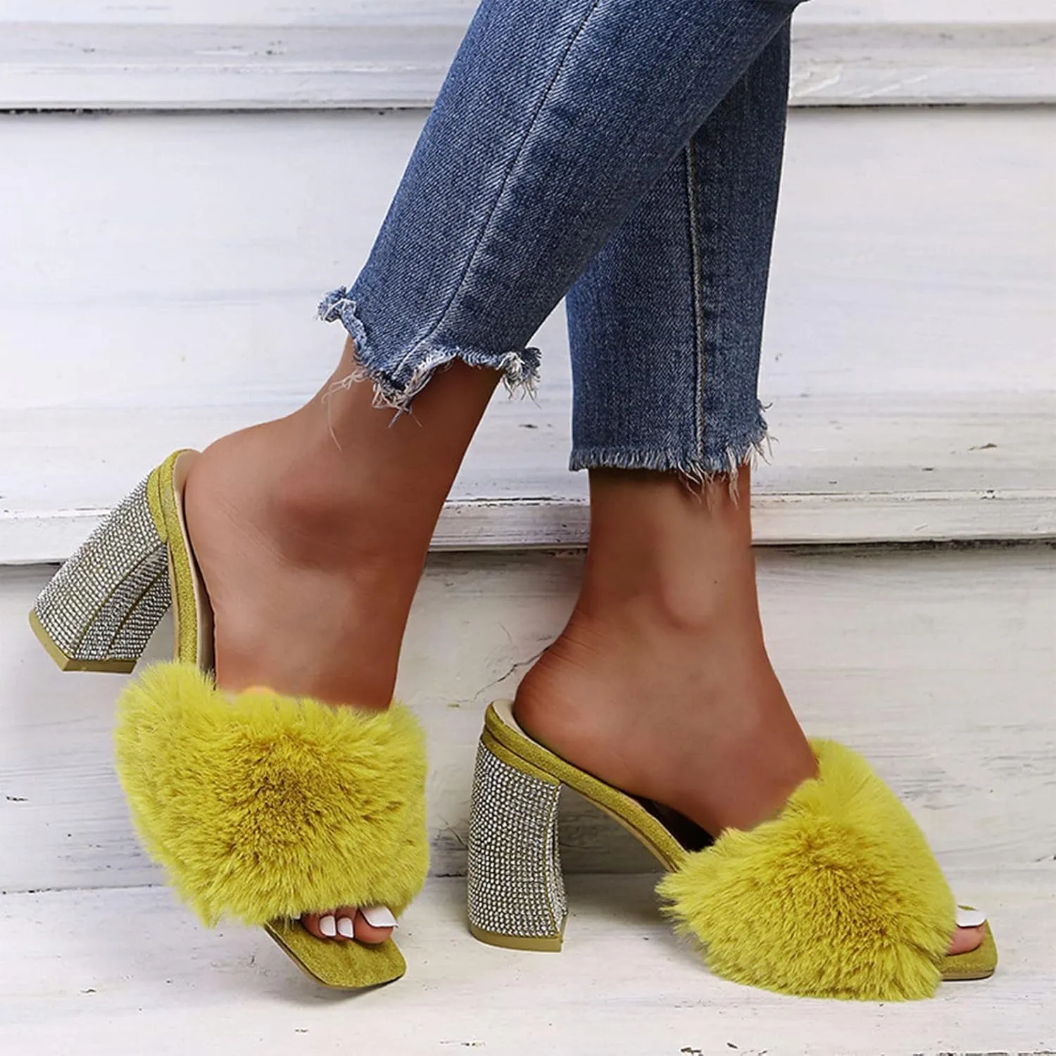 Heels for Women Flip Flops Open Square Toe Rhinestones Heeled Sandals Feather Comfort Shoes for Party Casual Slides
