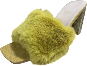 Heels for Women Flip Flops Open Square Toe Rhinestones Heeled Sandals Feather Comfort Shoes for Party Casual Slides