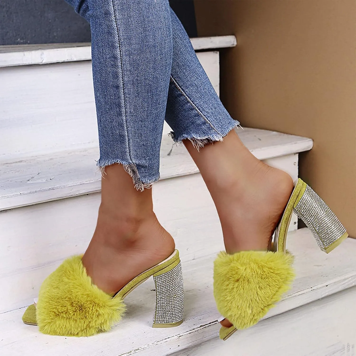 Heels for Women Flip Flops Open Square Toe Rhinestones Heeled Sandals Feather Comfort Shoes for Party Casual Slides