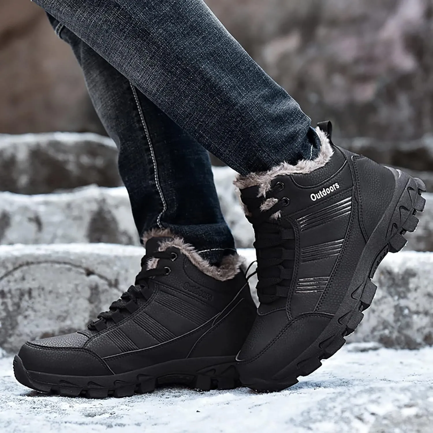 Hiking Boots for Teen Boys, Waterproof Fuzzy Boots Waterproof Lace to Toe Boots Winter Work Boots for Men Womens Work Boots
