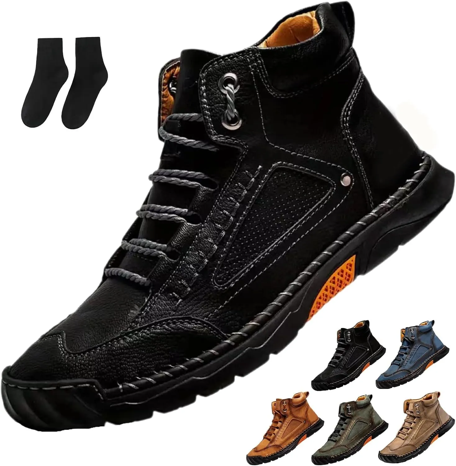 Hillde Shoes, Hillde Mens Shoes, Hillde Boots Men's Casual Leather Fashion Sneakers Ankle Chukka Boots Handmade Mid-top Non-Slip Walking Driving Shoes(Black,US 12)