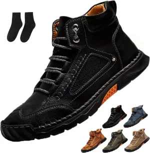 Hillde Shoes, Hillde Mens Shoes, Hillde Boots Men's Casual Leather Fashion Sneakers Ankle Chukka Boots Handmade Mid-top Non-Slip Walking Driving Shoes(Black,US 12)