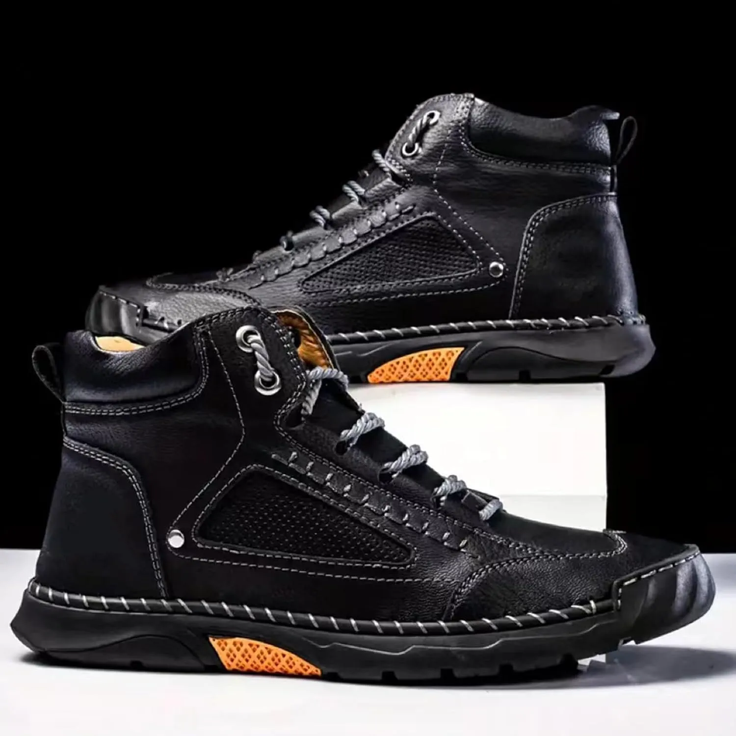 Hillde Shoes, Hillde Mens Shoes, Hillde Boots Men's Casual Leather Fashion Sneakers Ankle Chukka Boots Handmade Mid-top Non-Slip Walking Driving Shoes(Black,US 12)