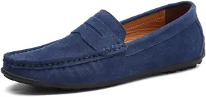 HOOENG Driving Moccasins Loafer Shoes for Men Genuine Leather Round Toe Stitching Details Suede Vamp Rubber Sole Penny Loafer Lightweight Anti-Slip Outdoor (Color : Deep Blue, Size : 7)
