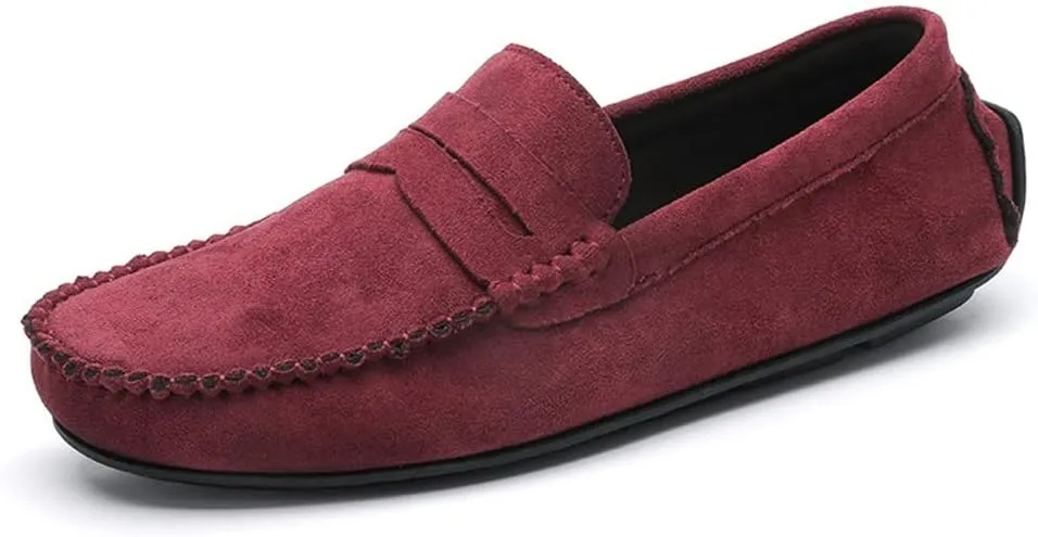 HOOENG Driving Moccasins Loafer Shoes for Men Genuine Leather Round Toe Suede Vamp Penny Loafer Flat Heel Lightweight Resistant Anti-Slip Flexible Driving