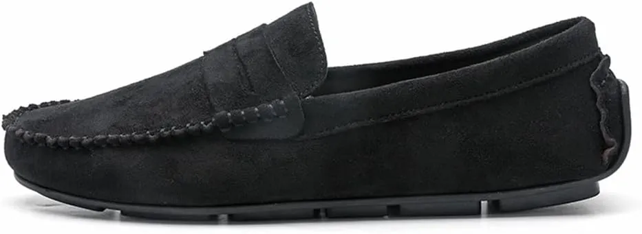 HOOENG Driving Moccasins Loafer Shoes for Men Genuine Leather Round Toe Suede Vamp Penny Loafer Flat Heel Lightweight Resistant Anti-Slip Flexible Driving