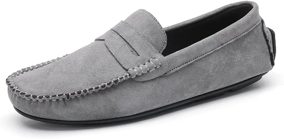 HOOENG Driving Moccasins Loafer Shoes for Men Genuine Leather Round Toe Suede Vamp Penny Loafer Flat Heel Lightweight Resistant Anti-Slip Flexible Driving
