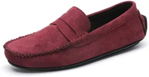 HOOENG Driving Moccasins Loafer Shoes for Men Genuine Leather Round Toe Suede Vamp Penny Loafer Flat Heel Lightweight Resistant Anti-Slip Flexible Driving