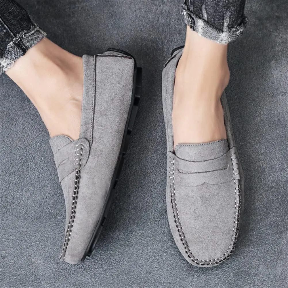 HOOENG Driving Moccasins Loafer Shoes for Men Genuine Leather Round Toe Suede Vamp Penny Loafer Flat Heel Lightweight Resistant Anti-Slip Flexible Driving