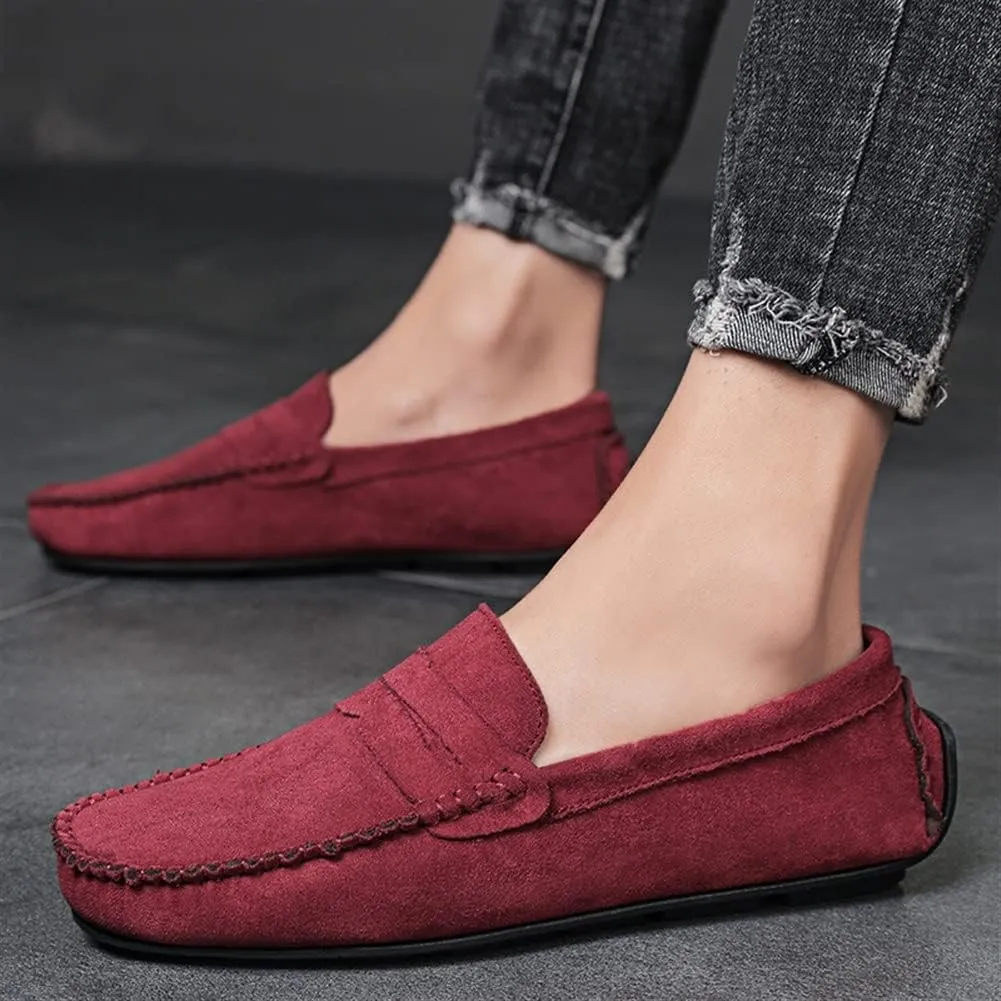 HOOENG Driving Moccasins Loafer Shoes for Men Genuine Leather Round Toe Suede Vamp Penny Loafer Flat Heel Lightweight Resistant Anti-Slip Flexible Driving