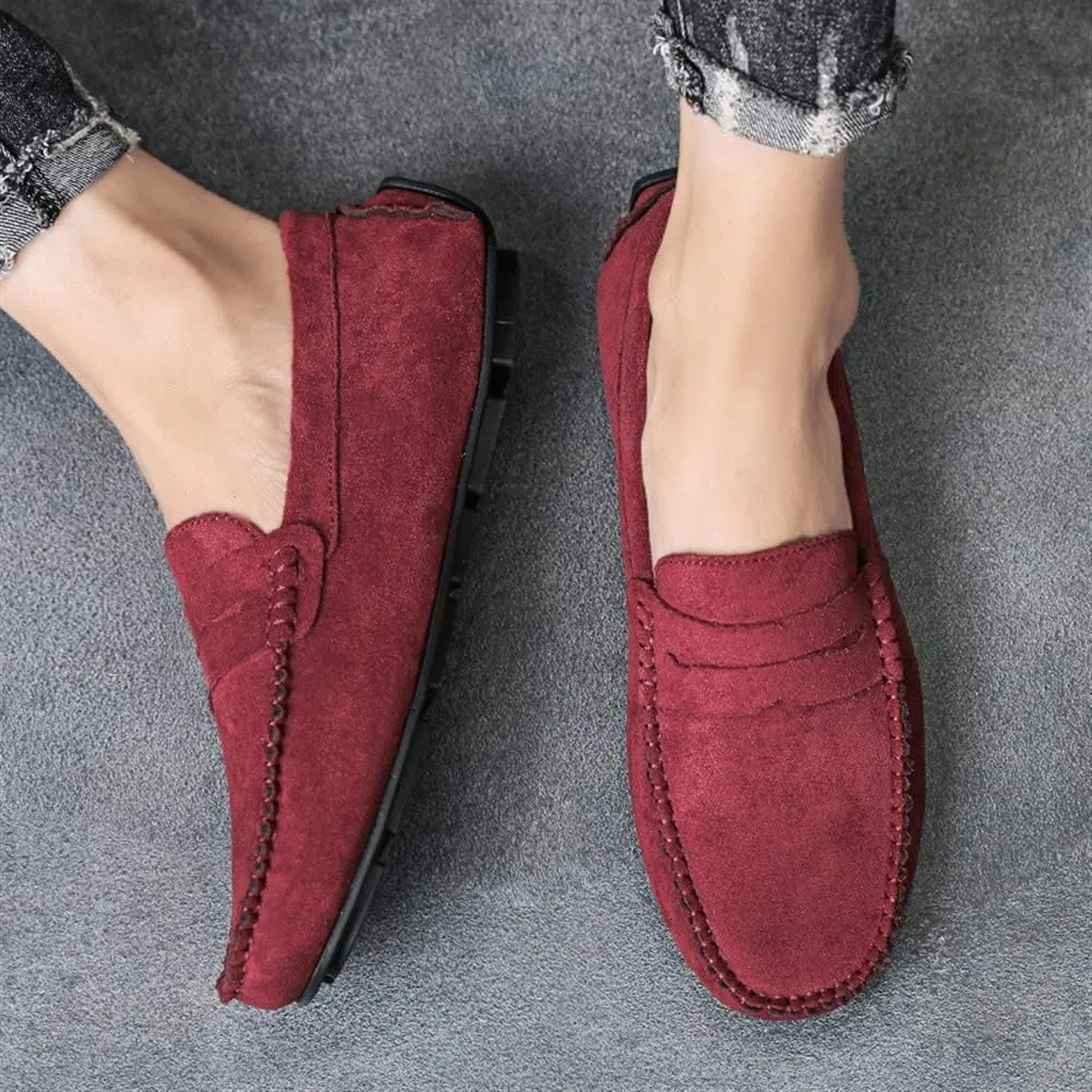 HOOENG Driving Moccasins Loafer Shoes for Men Genuine Leather Round Toe Suede Vamp Penny Loafer Flat Heel Lightweight Resistant Anti-Slip Flexible Driving