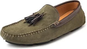 HOOENG Driving Moccasins Smoking Loafer for Men Tassel Genuine Leather Suede Vamp Round Toe Stitching Details Resistant Flexible Soft Comfortable Flat Heel (Color : Dark Green, Size : 7.5 M US)
