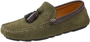 HOOENG Driving Moccasins Smoking Loafer for Men Tassel Suede Vamp Genuine Leather Round Toe Comfortable Flexible Resistant Soft Casual Slip on (Color : Dark Green, Size : 7.5 M US)