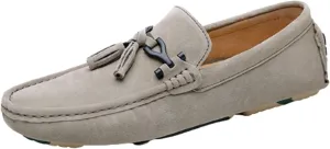 HOOENG Loafer Shoes Driving Moccasins for Men Tassel Suede Vamp Genuine Leather Stitching Details Round Toe Resistant Flat Heel Comfortable Casual Slip on (Color : Khaki, Size : 7.5)