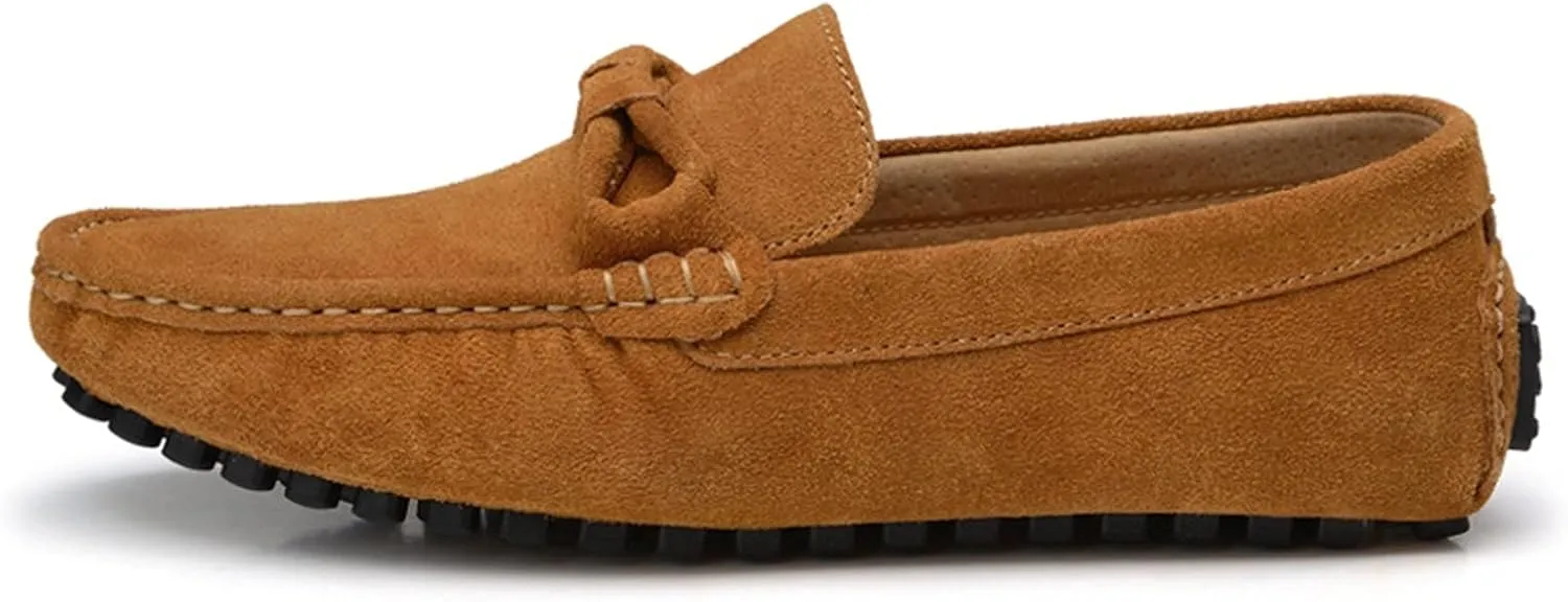 HOOENG Loafer Shoes for Men Genuine Leather Suede Vamp Breathable Stitching Details Round Toe Flat Heel Resistant Soft Flexible Casual Slip on (Color : Brown, Size : 7.5)