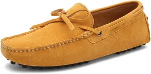 HOOENG Shoes Smoking Loafer for Men Boat Shoes Genuine Leather Stitching Details Round Toe Suede Vamp Lightweight Flat Heel Flexible Anti-Slip Casual (Color : Yellow, Size : 10.5)