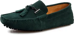 HOOENG Smoking Loafer Driving Moccasins for Men Suede Vamp Stitching Details Genuine Leather Round Toe Comfortable Flat Heel Soft Flexible Resistant Driving (Color : Dark Green, Size : 7.5 M US)