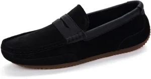 HOOENG Smoking Loafer for Men Suede Vamp Genuine Leather Stitching Details Round Toe Penny Loafer Soft Flat Heel Comfortable Walking Slip on (Color : Black, Size : 7)