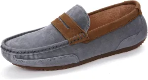 HOOENG Smoking Loafer for Men Suede Vamp Genuine Leather Stitching Details Round Toe Penny Loafer Soft Flat Heel Comfortable Walking Slip on (Color : Grey, Size : 10)