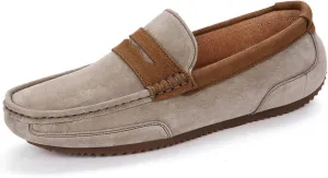 HOOENG Smoking Loafer for Men Suede Vamp Genuine Leather Stitching Details Round Toe Penny Loafer Soft Flat Heel Comfortable Walking Slip on (Color : Khaki, Size : 10)