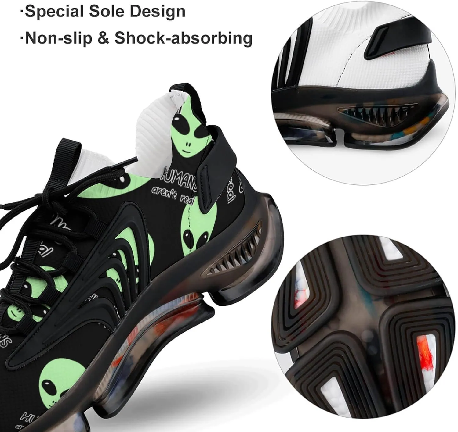 Humans Aren`t Real, Alien Walking Shoes for Men Lightweight Tennis Fashion Elastic Sports Shoes Cushion Basketball Shoes