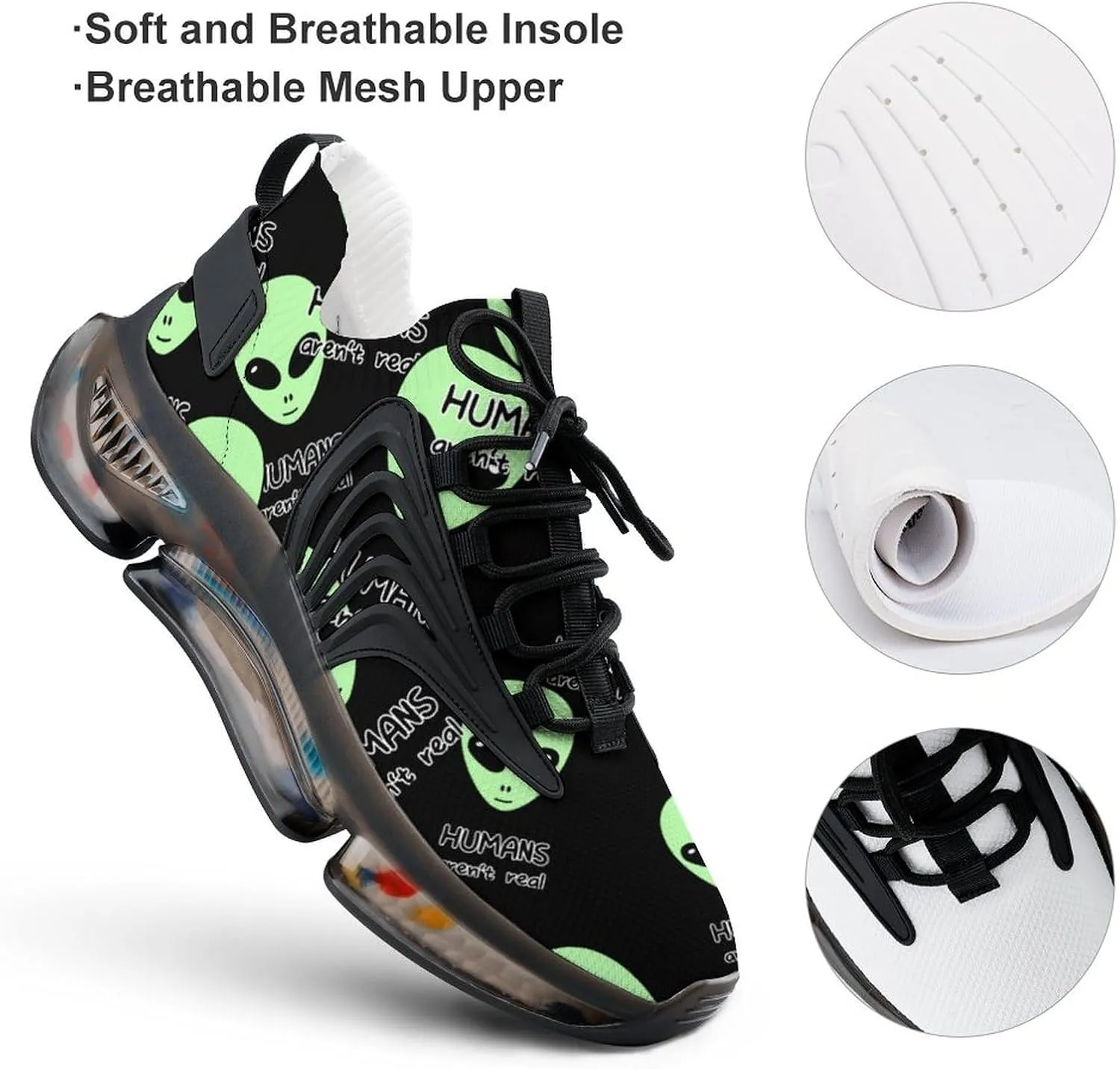 Humans Aren`t Real, Alien Walking Shoes for Men Lightweight Tennis Fashion Elastic Sports Shoes Cushion Basketball Shoes