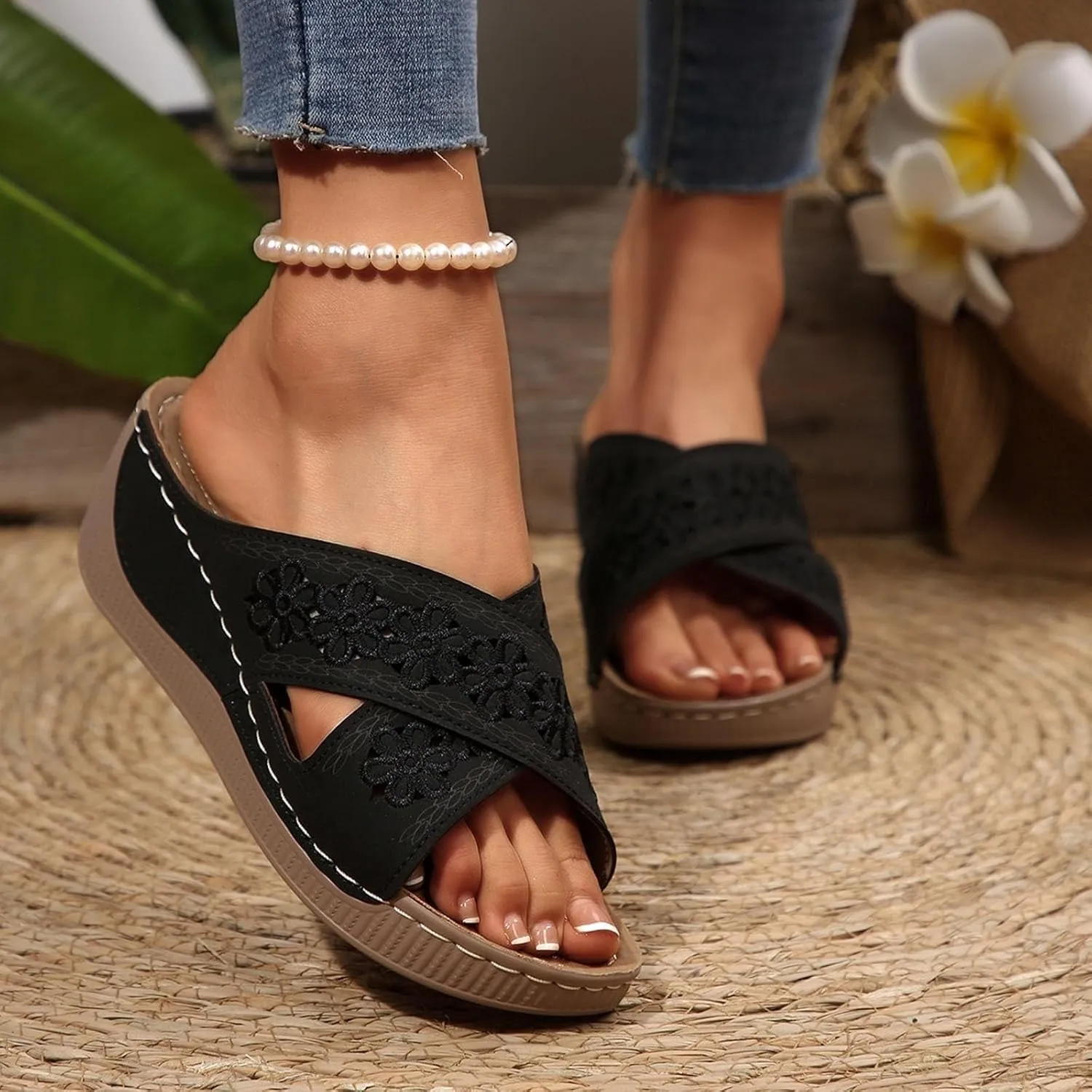 Kubbon Wedge Sandals for Women Dressy Open Toe Crisscross Woven Slip On Sandals Arch Support Walking Platform Sandal Casual Summer Beach Shoes
