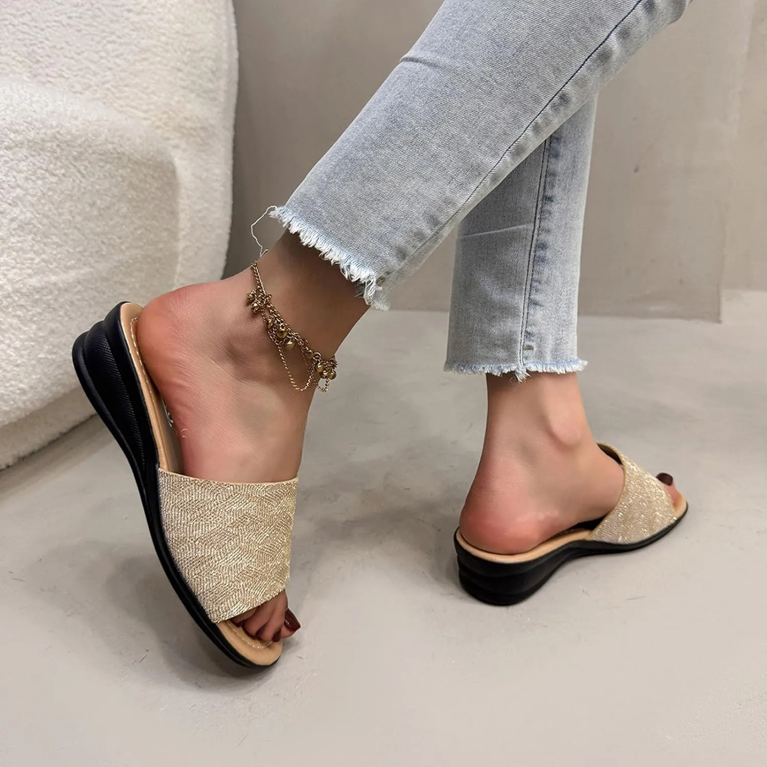 Low Wedge Slide Sandals for Women Dressy Glitter Slip on Orthopedic Sandals 2025 Summer Casual Fancy Open Toe Shoes