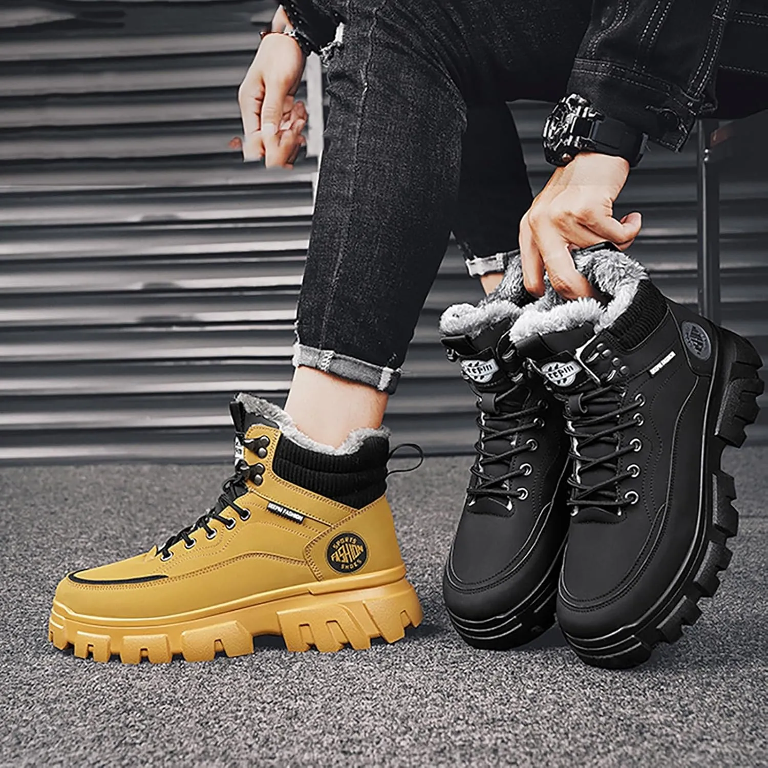 Men Work Boots Soft Toe Hiking Sneakers with Warm Fur Lining Women's Workout Shoes Non-Slip Winter Outdoor Botas Waterproof Non Slip Hike Grounded Footwear