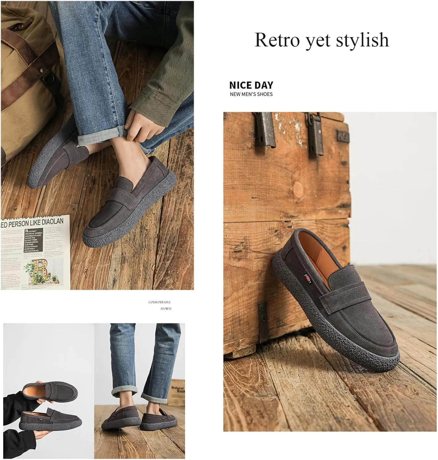 Men's Low Top Vintage Loafers in Suede,Moccasin Slip-on Casual Dress Boat Shoes,Outdoor Wear-Resistant Fine Stitching Loafers