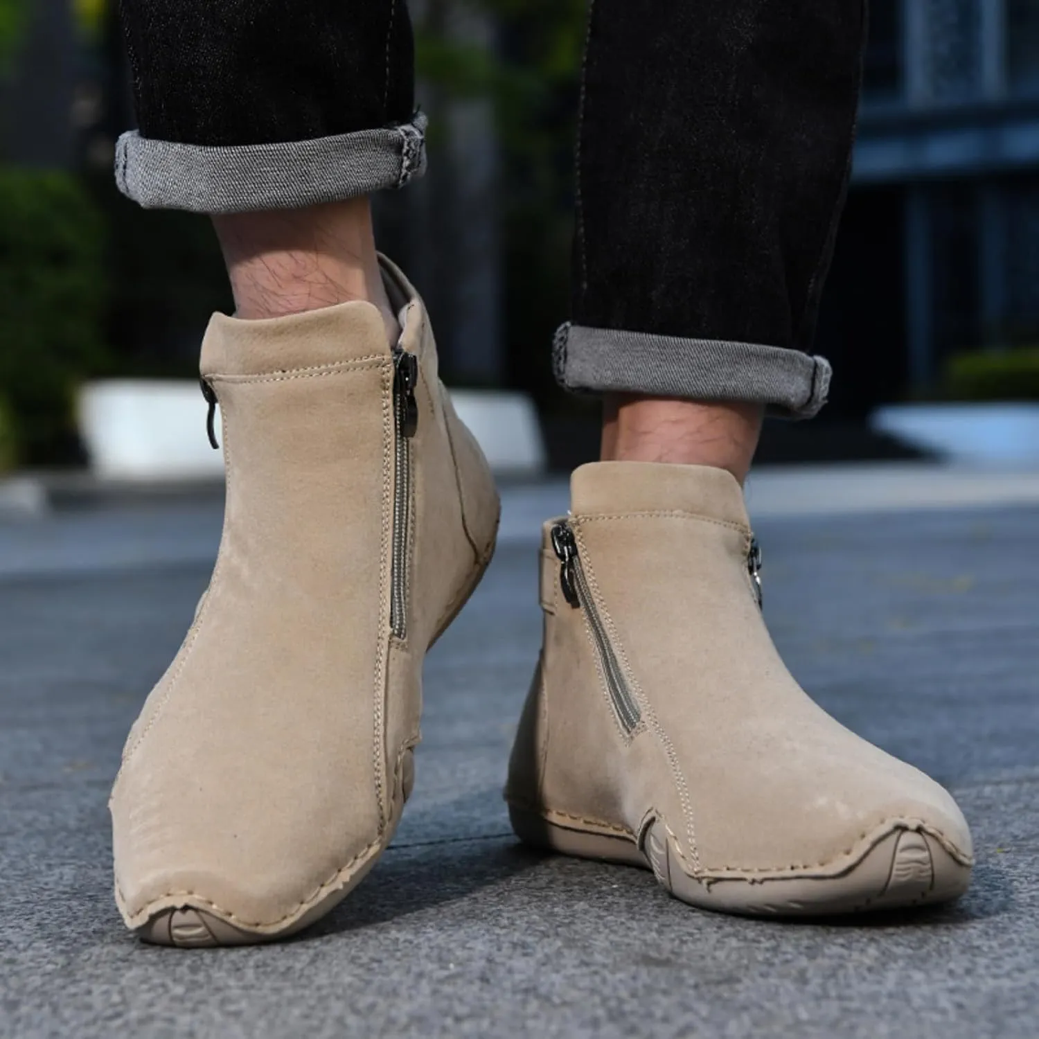 Mens Mid-Top Leather Chukka Ankle Boots with Side Zipper Casual Comfortable Round Toe Non-Slip Flats Loafers for Walking Outdoor Hiking