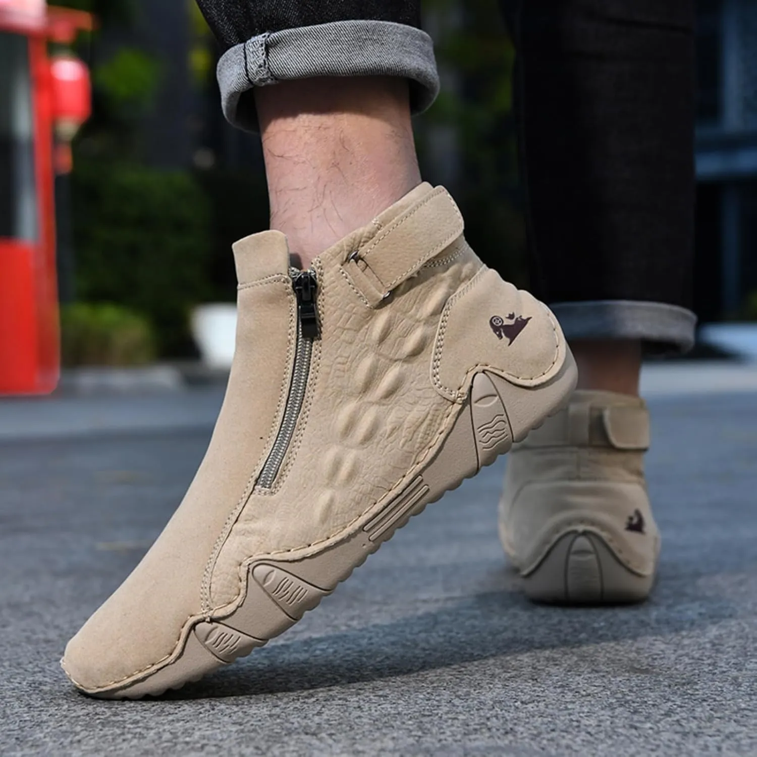 Mens Mid-Top Leather Chukka Ankle Boots with Side Zipper Casual Comfortable Round Toe Non-Slip Flats Loafers for Walking Outdoor Hiking