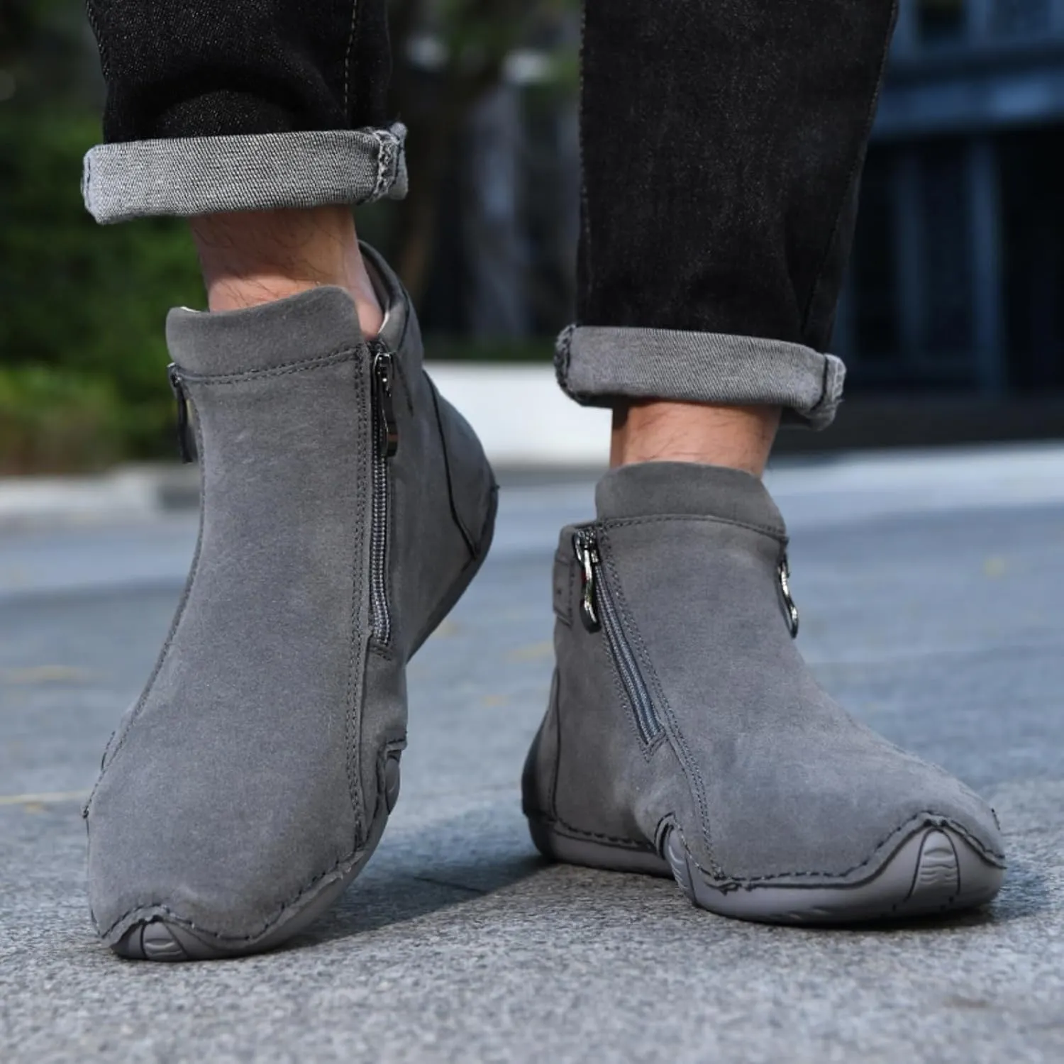 Mens Mid-Top Leather Chukka Ankle Boots with Side Zipper Casual Comfortable Round Toe Non-Slip Flats Loafers for Walking Outdoor Hiking