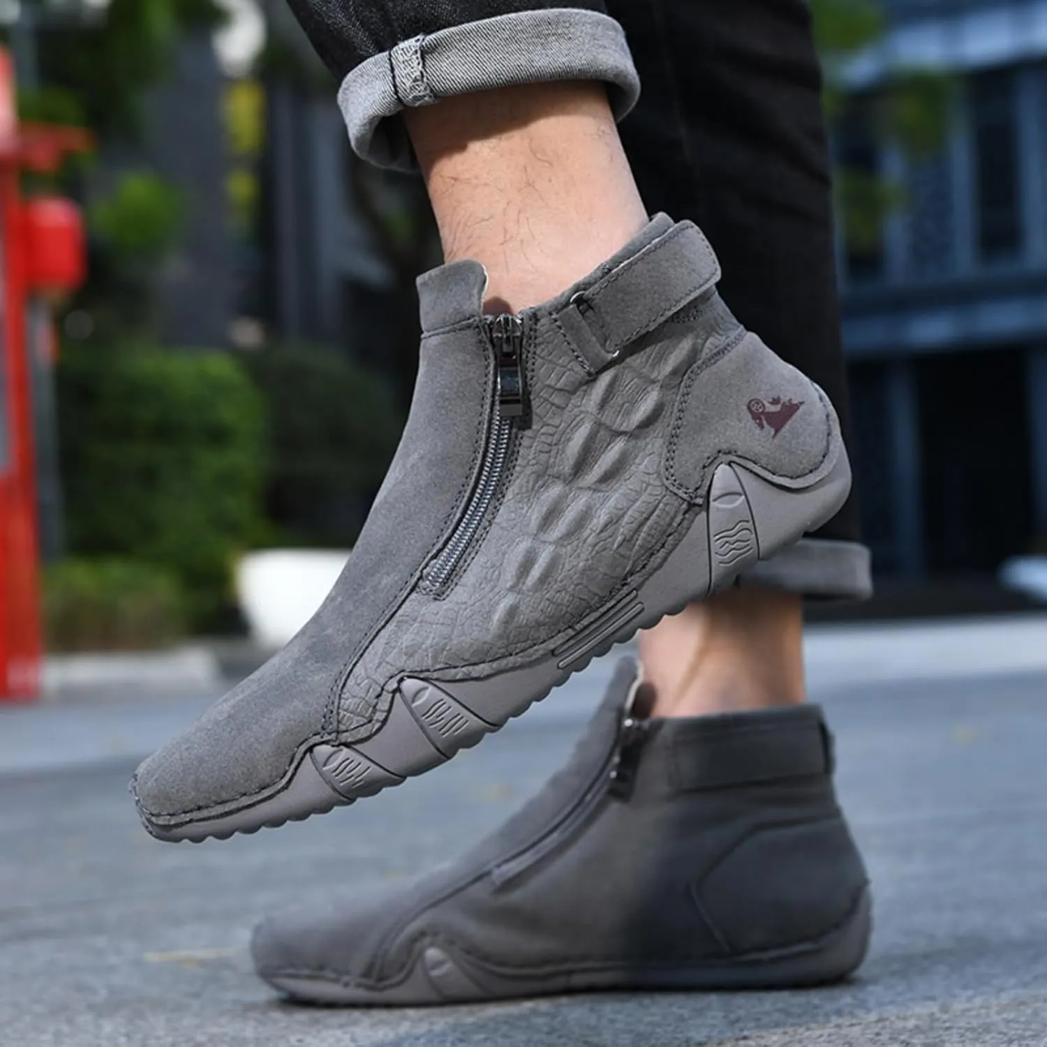 Mens Mid-Top Leather Chukka Ankle Boots with Side Zipper Casual Comfortable Round Toe Non-Slip Flats Loafers for Walking Outdoor Hiking