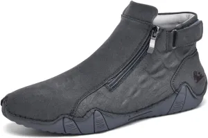 Mens Mid-Top Leather Chukka Ankle Boots with Side Zipper Casual Comfortable Round Toe Non-Slip Flats Loafers for Walking Outdoor Hiking