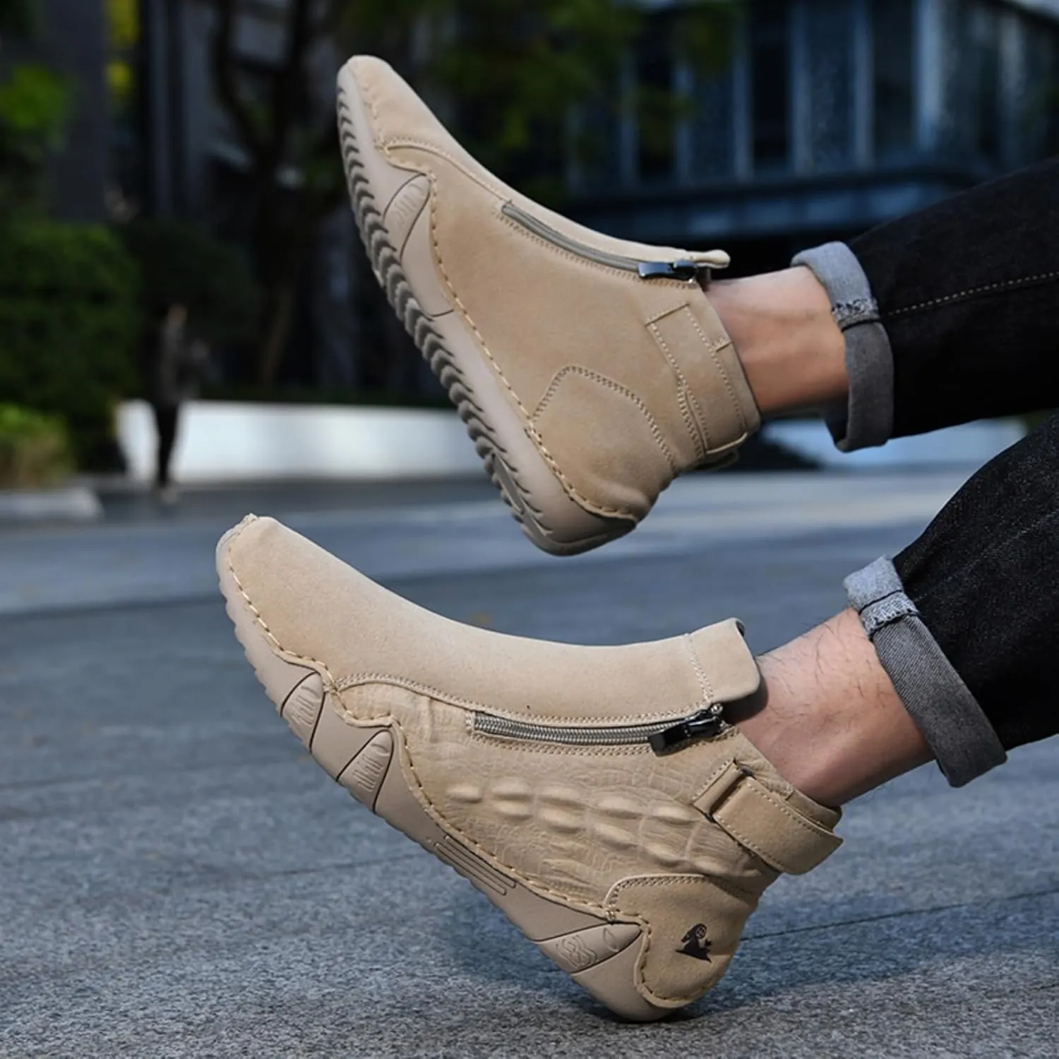 Mens Mid-Top Leather Chukka Ankle Boots with Side Zipper Casual Comfortable Round Toe Non-Slip Flats Loafers for Walking Outdoor Hiking