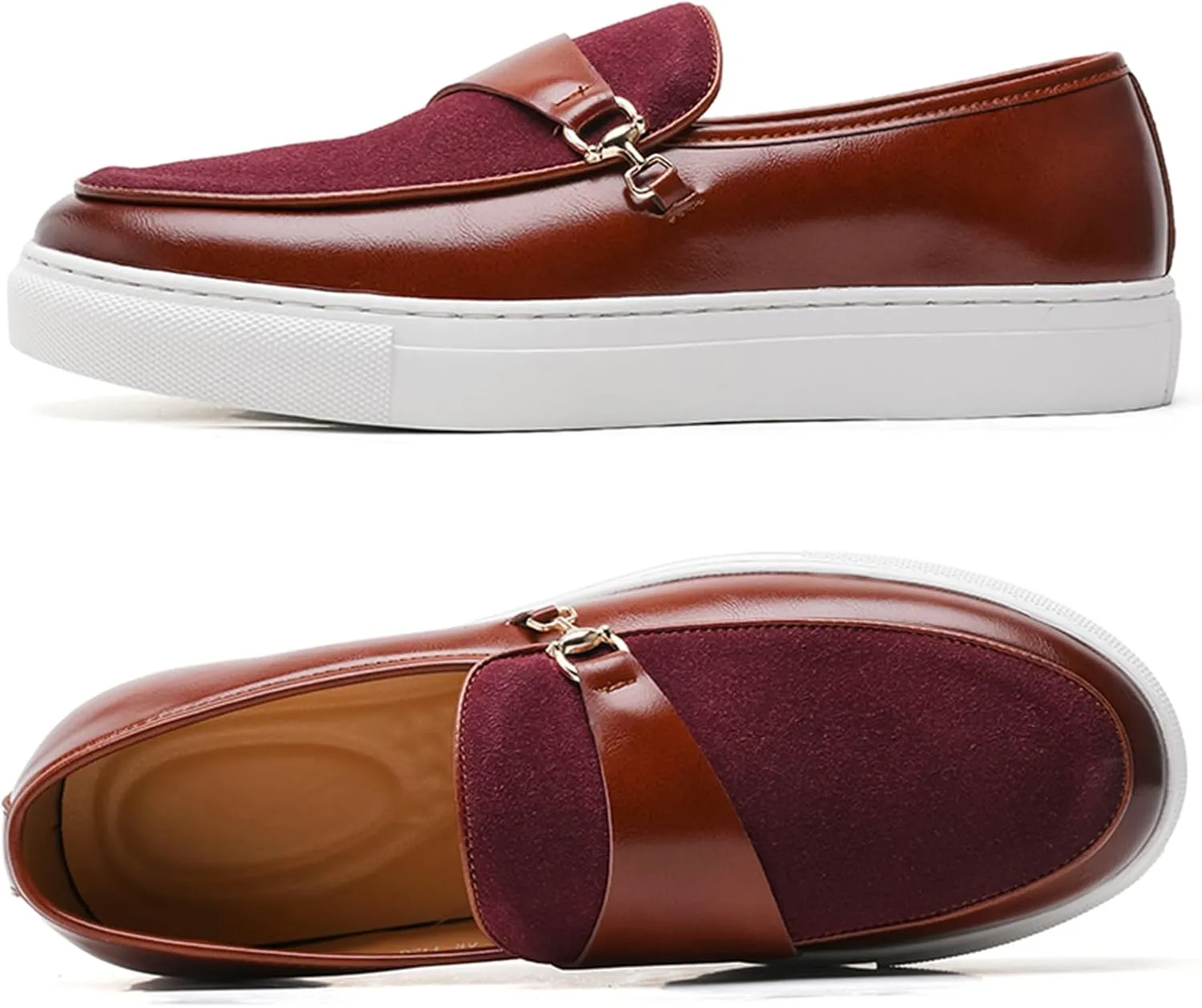 Men's Suede Leather Splicing Slip-On Penny Loafers Round Toe Lightweight Comfortable Flat Dress Shoes with Metal Buckle Casual Business Driving Shoes