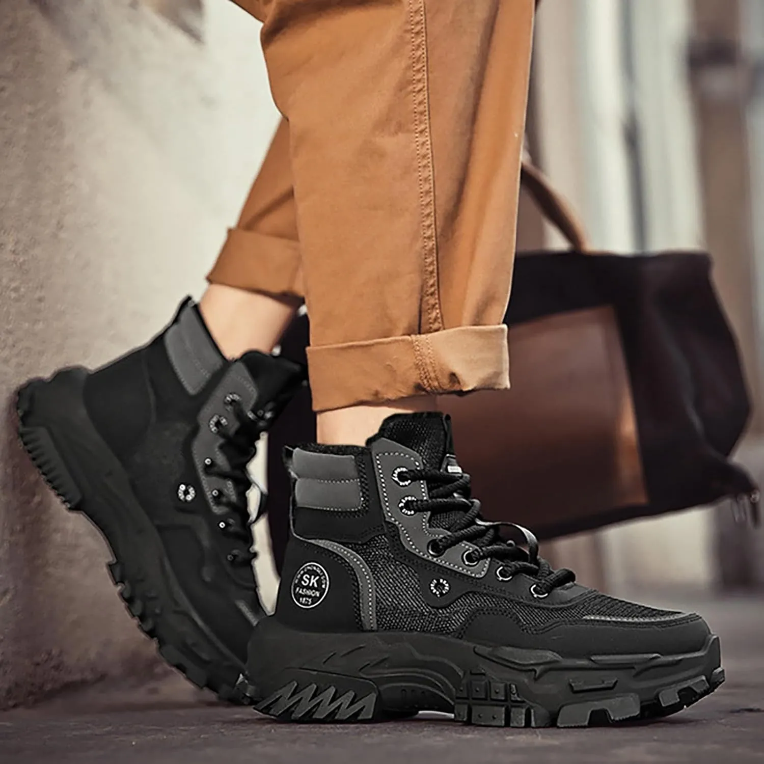 Mens Work Boots Composite Hiking Sneakers Shoes Warm Fur Lined Women Safety Shoes Nonslip Slip On Platform Shoes Lightweight Comfortable Hike Grounded Footwear