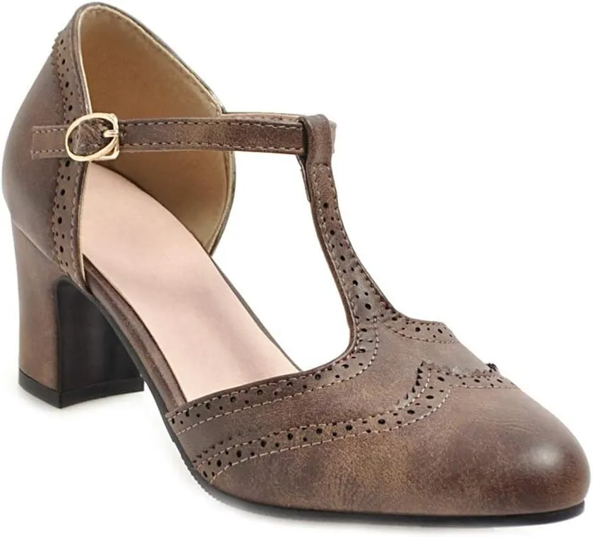 MIOKE Women's Vintage Mary Jane Pumps Round Toe Brogue Chunky Block Heel Classic Retro Dress Oxford Shoes