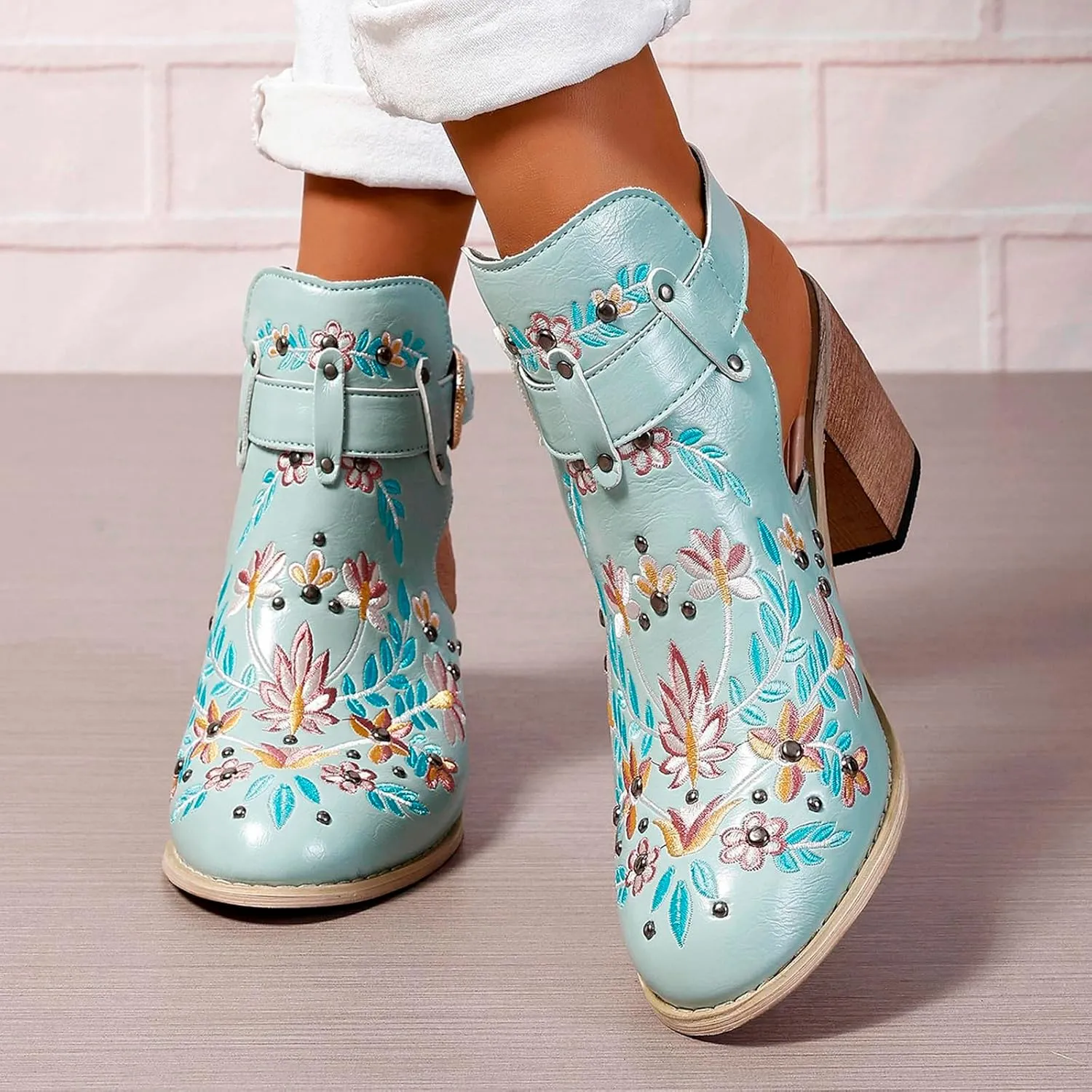 New Europe and The United States Foreign Trade Embroidery Retro High Heeled Shoes Thick with Boots for Women