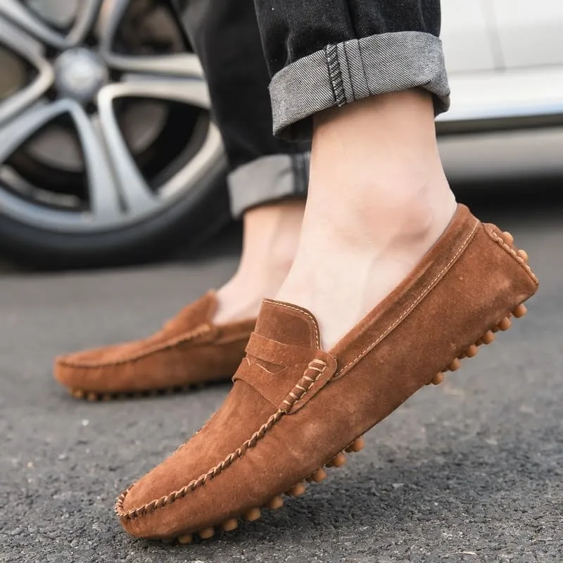 New Mens Loafers Round Toe Suede Vamp Penny Driving Loafers Moc Shoes Resistant Comfortable Anti-Slip Classic Slip On