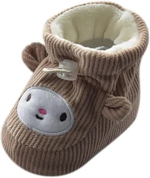 Newborn Baby Boy Girl Cotton Booties Soft Sole Infant Stay On Slippers Winter Warm Toddler Cozy Fleece Socks House Shoes (Khaki, 12-18 Months)