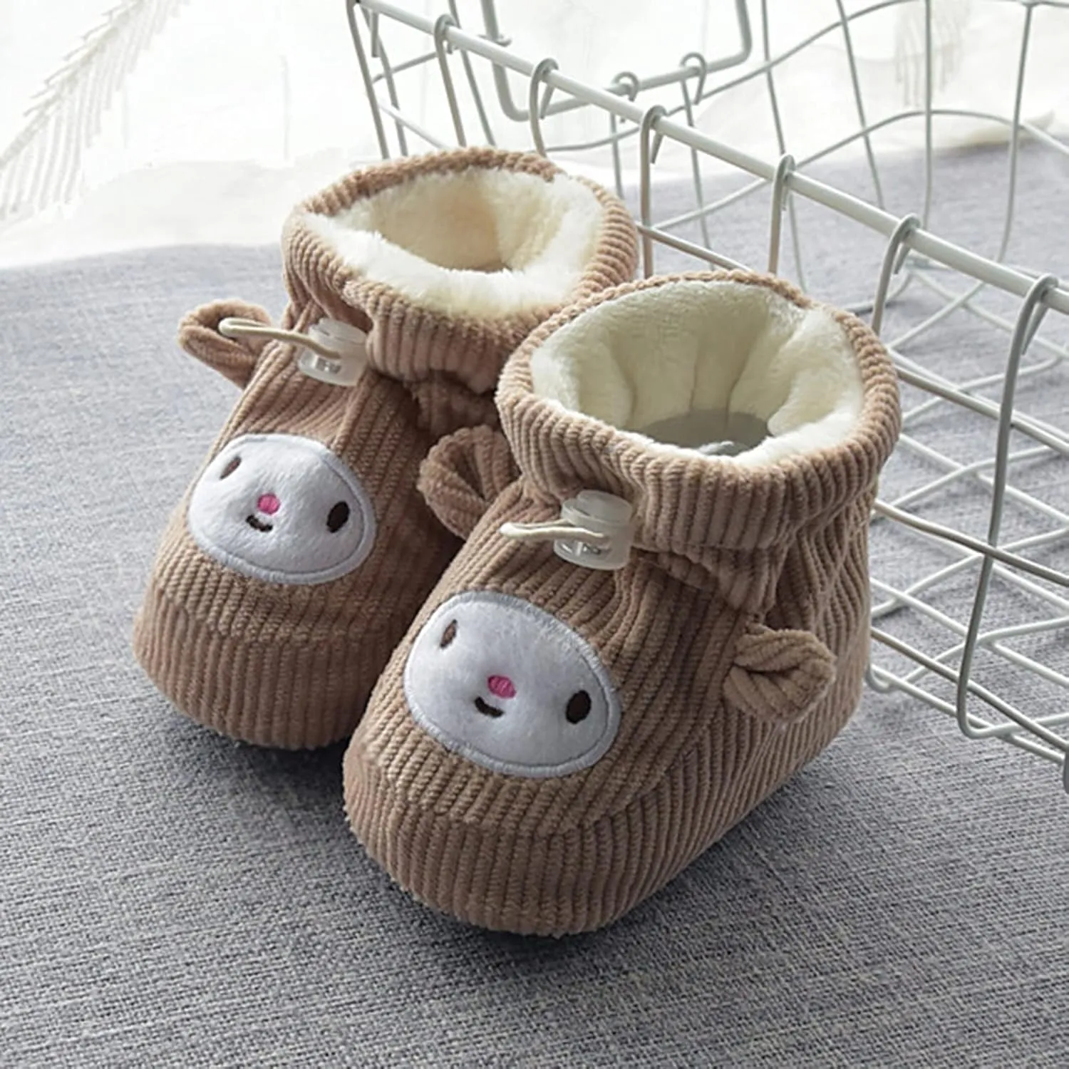 Newborn Baby Boy Girl Cotton Booties Soft Sole Infant Stay On Slippers Winter Warm Toddler Cozy Fleece Socks House Shoes (Khaki, 12-18 Months)