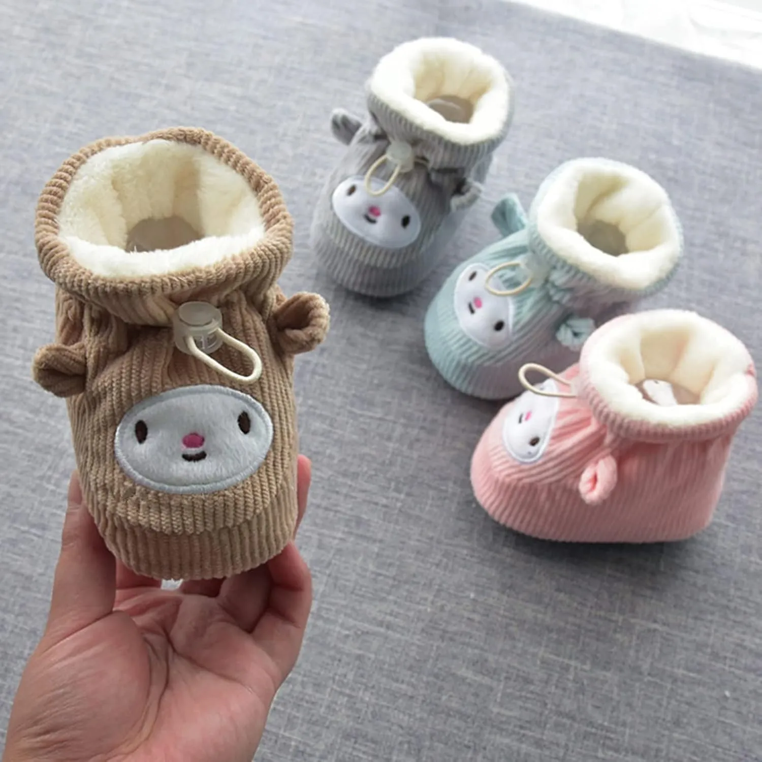 Newborn Baby Boy Girl Cotton Booties Soft Sole Infant Stay On Slippers Winter Warm Toddler Cozy Fleece Socks House Shoes (Khaki, 12-18 Months)