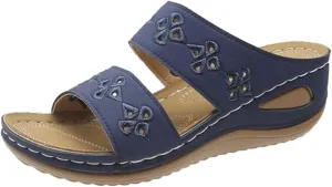 Orthopedic Sandals for Women Summer Arch Support Wedges, Double Strap Slip on Walking Slippers Fashion Hollow Print Sandals Casual Open Toe Breathable Slippers